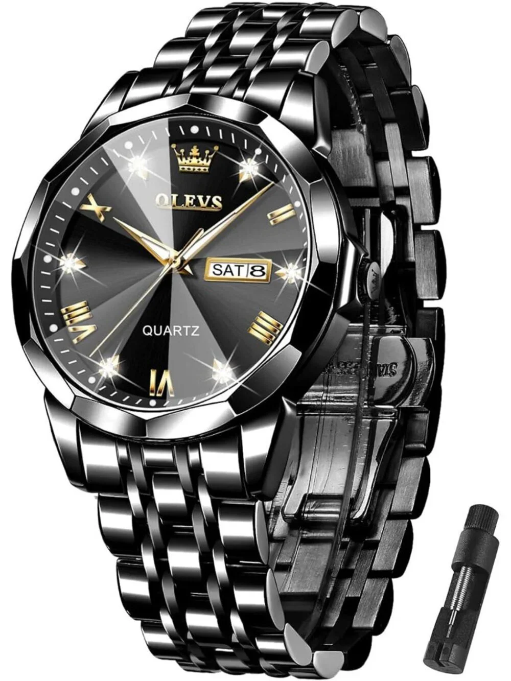 Mens Black Stainless Steel Classic Analog Quartz Diamond Waterproof Luxury Watch
